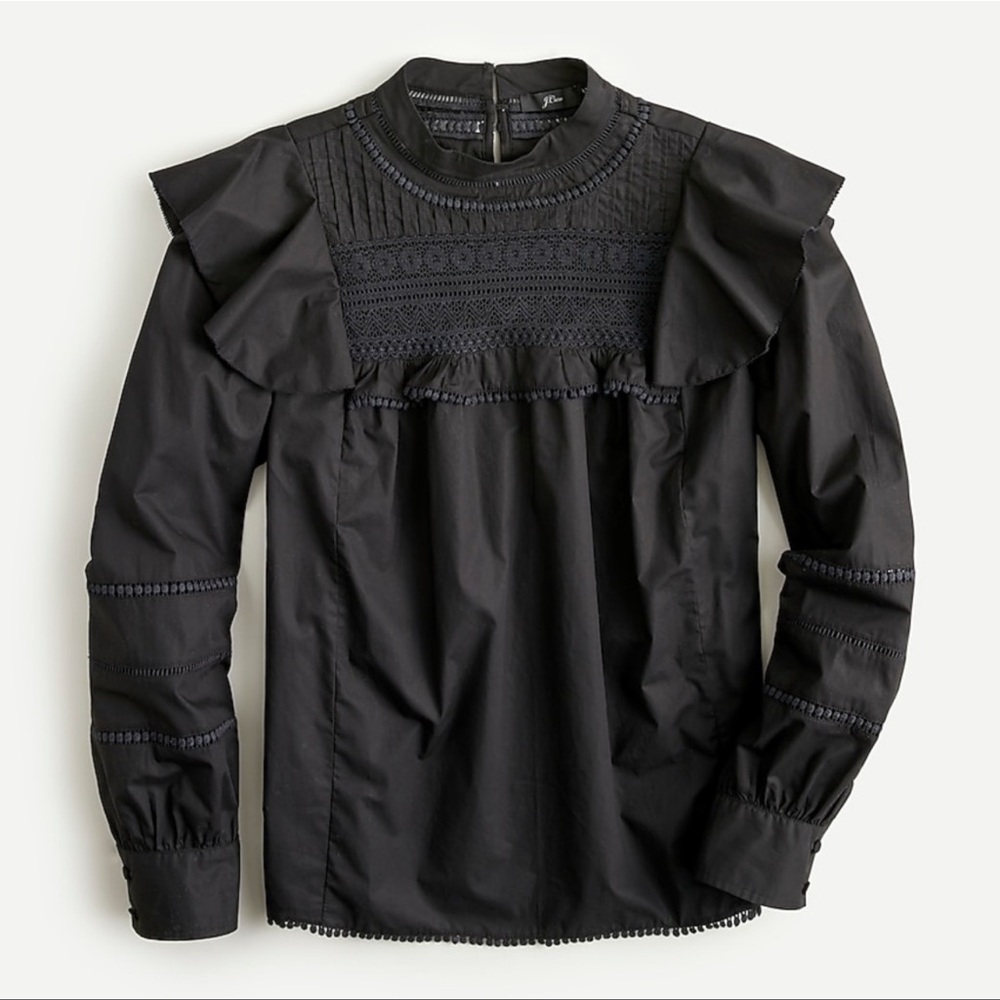 J. Crew Black Cotton Balloon Ruffle Sleeve Lace Yoke - Picture 1 of 3